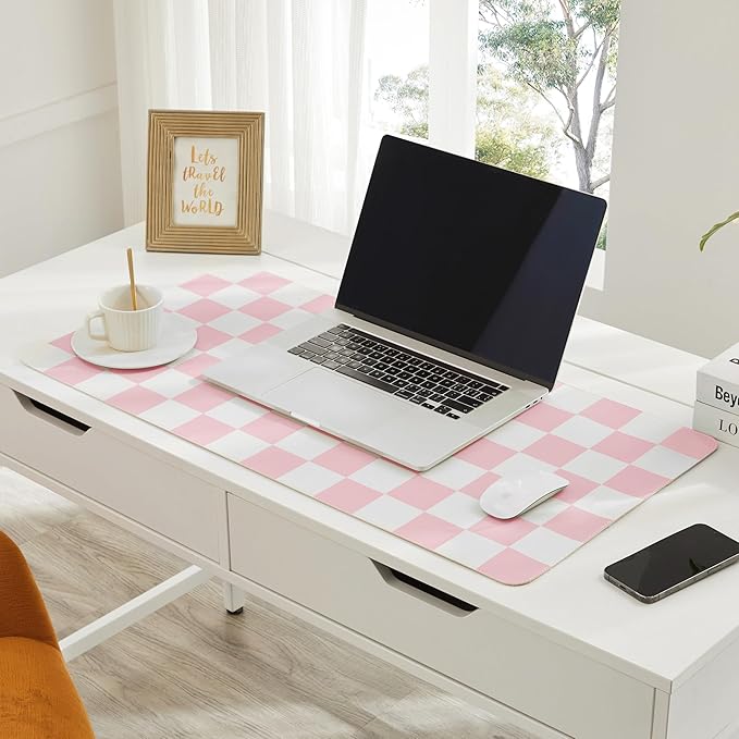 Ohocut Checkered Desk Mat, 31.5" x 15.7" Large Cute Pink Aesthetic Girl Women Accessories, PU Leather Computer Laptop Desk Mat, Mouse Keyboard Pad, Desk Writing Makeup Mat for Vanity Work/Home Decor