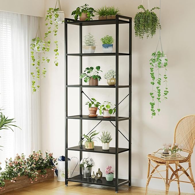 Casaottima Book Shelf, 6 Tier Tall Bookshelf, Modern Wood Bookcase Shelves for Bedroom, Industrial Display Shelf for Living Room Home Office Kitchen, Standing Shelving Unit Storage Organizer, Black