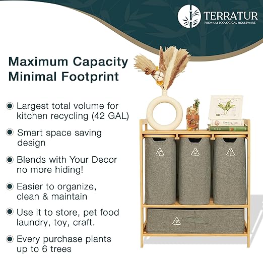 Terratur 4 Section Recycling Bin for Kitchen – Trash and Recycle Bin Combo for Paper, Plastic, Cans – Indoor Recycling Station – Large Kitchen Trash Can – Office Trash and Recycle Bin Organizer