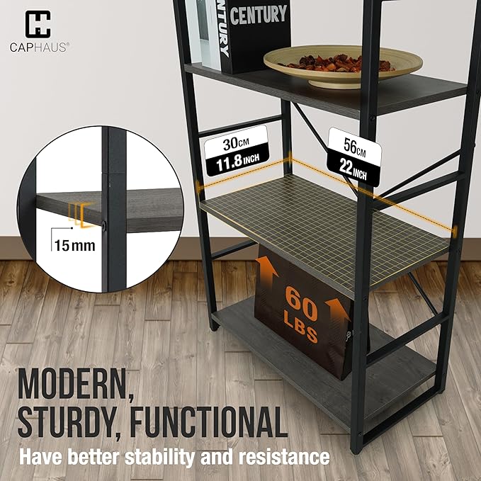 CAPHAUS 5 Tier Bookshelf, 24 Inch Width Free Standing Shelf, Bookcase Shelf Storage Organizer, Industrial Book Shelves for Home Office, Living Room, Kitchen, Dark Grey
