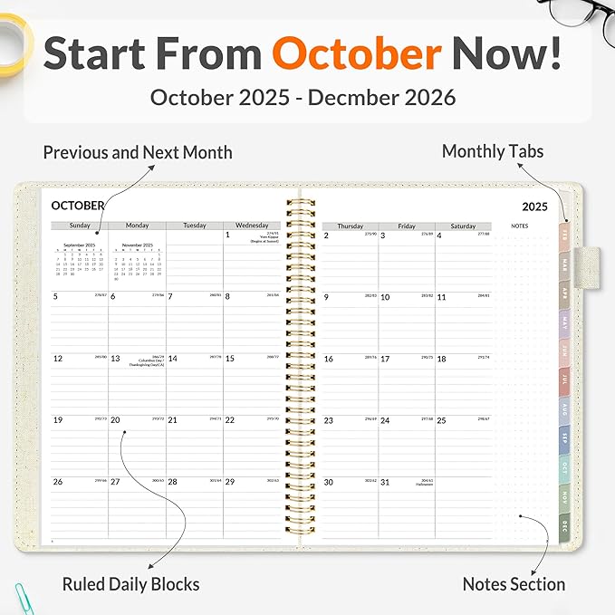 SUNEE 2026 Planner, Weekly and Monthly Calendar Planner 9"x11.2"- 12 Month (January 2026 - December 2026), Linen Cover, Pocket, Bookmark, Notes, Monthly Tab, Beige