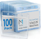 Mata1-USA Extra-Thick Plastic Card Holder (Clear, 3.5x2.25 Inch, 100 Pack), Horizontal Badge Holder for ID Name Badge with Zipper