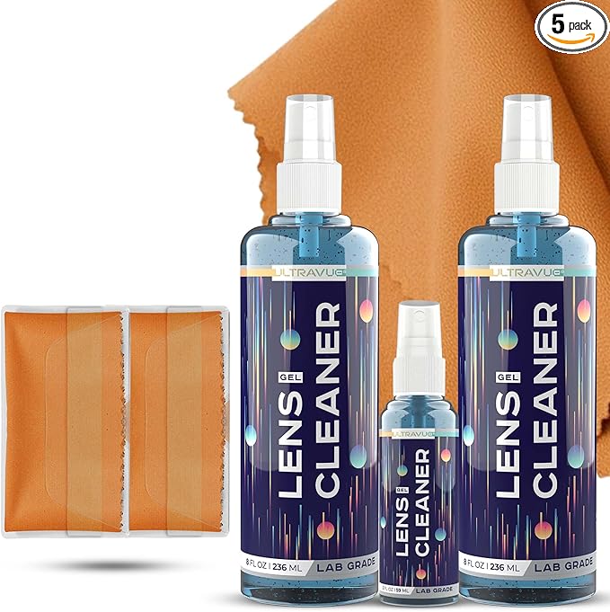 ULTRAVUE Eyeglass Gel Lens Cleaner Spray Kit - 2 x 8oz and 1 x 2oz Gel Eyeglasses Cleaner Spray Bottle + 2 Microfiber Cloth for Cleaning - Safe for All Lenses (AR Coated Included)