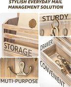 Rebee Vision Farmhouse Mail Organizer Wall Mount – Decorative Key and Mail Holder for Wall with Drawer Organizer and 7 Key Hooks – Apartment Essentials for Home Decor (Natural Wood)