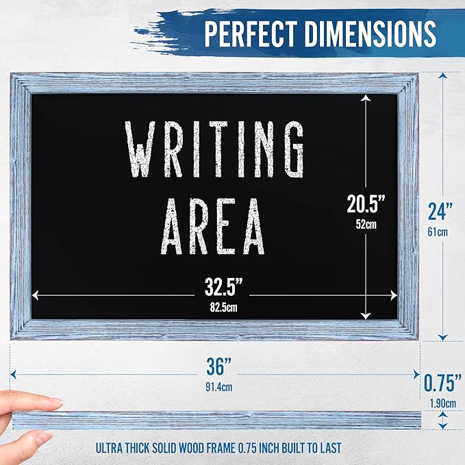 HBCY Creations Rustic Blue Wooden Magnetic Wall Chalkboard, Extra Large Size 24" x 36", Framed Decorative Chalkboard - Great for Kitchen Decor, Weddings, Restaurant Menus and More! (24" x 36")