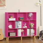 LEYAOYAO 10 Cube Bookshelf,3 Tier Modern Wide Bookcase with Legs,Mid-Century Wood Bookshelves Storage，Pink Large Book Case,Freestanding Organizer Display Shelf for Bedroom,Living Room,Office