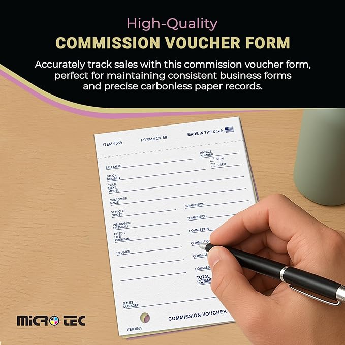 Commission Voucher Book CV-59-3 Part Carbonless Forms, Triplicate NCR Receipt Book, Snap-Out Pre-Punched with File Holes Commission Vouchers, Blue Ink, 4.25 x 5.625 Inch - Pack of 100