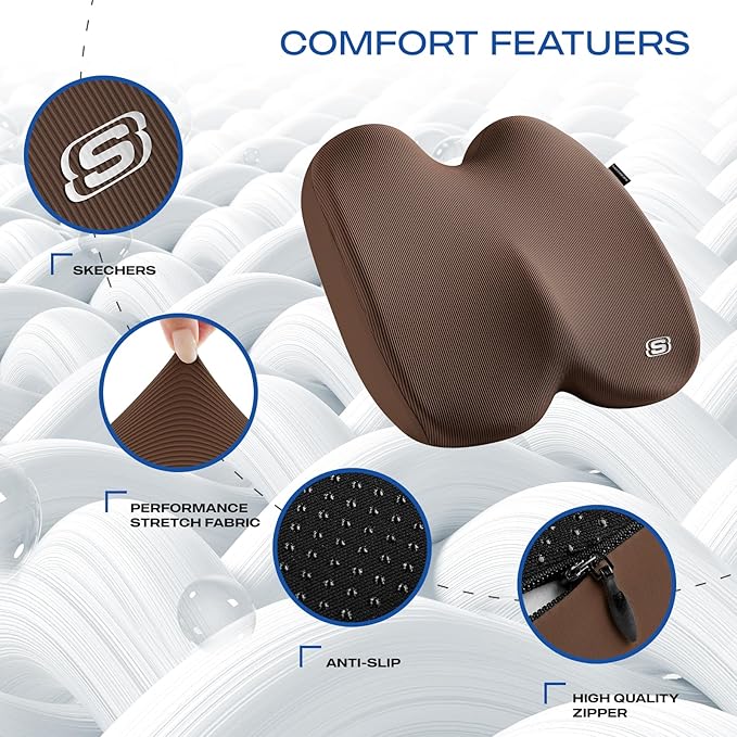 Skechers Seat Cushion, Ergonomic Memory Foam Cushion for Long Sitting Hours on Office & Home Chair, Car Seat Cushion for Sciatica, Coccyx Cushion,Brown