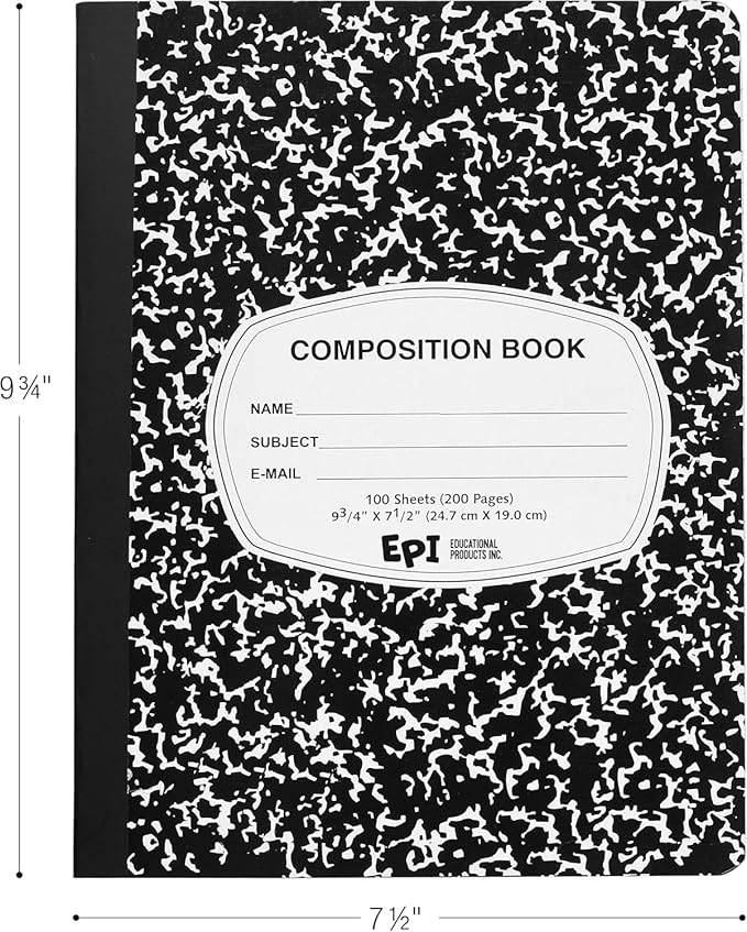 EPI 5040 Pack (Pallet) Wide Ruled Composition Notebook Bulk, 200 pages (100 Sheets), 9-3/4 x 7-1/2, Black Marble, Bulk School Supplies, Heavy Duty, Durable Office Notebooks, Sturdy Sewn Binding