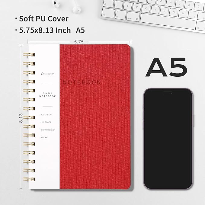 Spiral Notebook-5.75" x 8.125" College Ruled Journal with Inner Pockets and 160 Pages,PU Leather Cover Business Journal, Twin-Wire Binding Notebook Perfect for Office & Home School Supplies Dark Red
