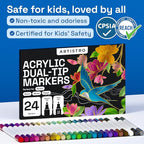 ARTISTRO 24 Metallic Acrylic Paint Markers - Paint Pens Dual Tip Brush + Fine Ideal for Calligraphy - Perfect for Fabric, Rock, Glass, Wood, DIY - Art Supplies, Stocking Stuffers, Christmas Gift Idea