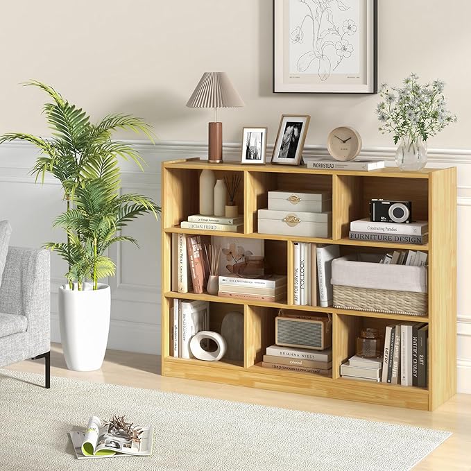 Tangkula 8-Cube Bookcase, Wood 3 Tier Open Storage Bookshelf, Modern Multipurpose Display Cabinet for Living Room, Study, Reading Nook, 48 x 12.5 x 36.5 Inch, Burlywood