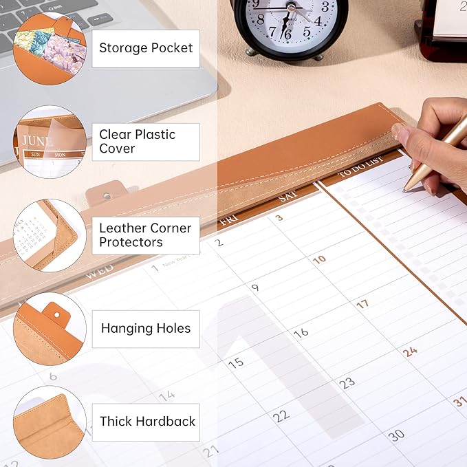 Yoment Desk Calendar 2026, Jan 2026-Dec 2027, 2026 Desk Calendar Large 17 x 12, 2026 Calendar with Plastic Cover, Pockets, to-Do Lists, Desktop Wall Calendar 2026-2027 for Office School Home, Brown