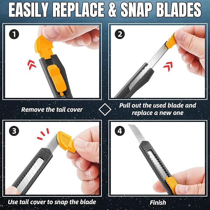TIFICAL 4 Pack Box Cutter Retractable, Utility Knife 9MM Wide Snap-Off Blades, Exacto Knife for Cutting Box, Wrapping, Cardboard, Extended Razor Knife, Box Opener Perfect for Office, Home, School