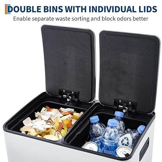 Garvee Dual Trash Can, 16 Gal (2 x 30 l) Stainless Steel Kitchen Garbage Can with Lid and Inner Bucket, Double Compartment Trash and Recycle Bin Combo with Step Pedal for Home Office, White