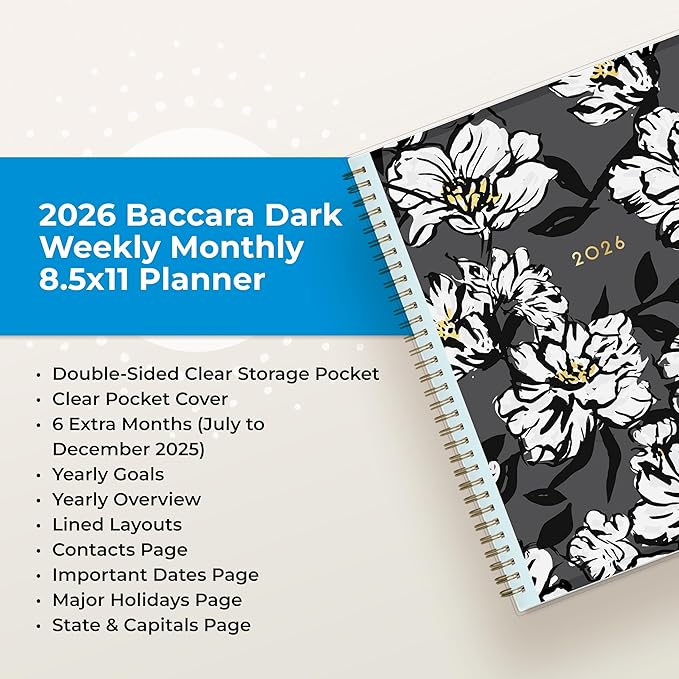 Blue Sky 2026 Weekly and Monthly Planner Calendar, January 2026 - December 2026, 8.5" x 11", Clear Pocket Cover, Laminated Tabs, Durable Twin Wire Binding, Storage Pocket, Baccara Dark