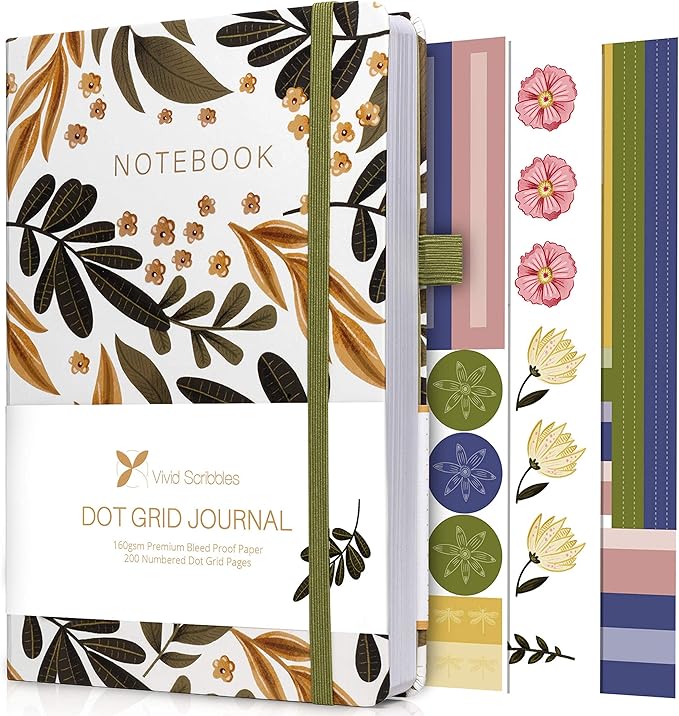 VIVID SCRIBBLES Dotted Journal – 160gsm Bleed Proof Thick White Paper – 200 Numbered Dot Grid Pages – 5.8 x 8.3 inch Dotted Notebook