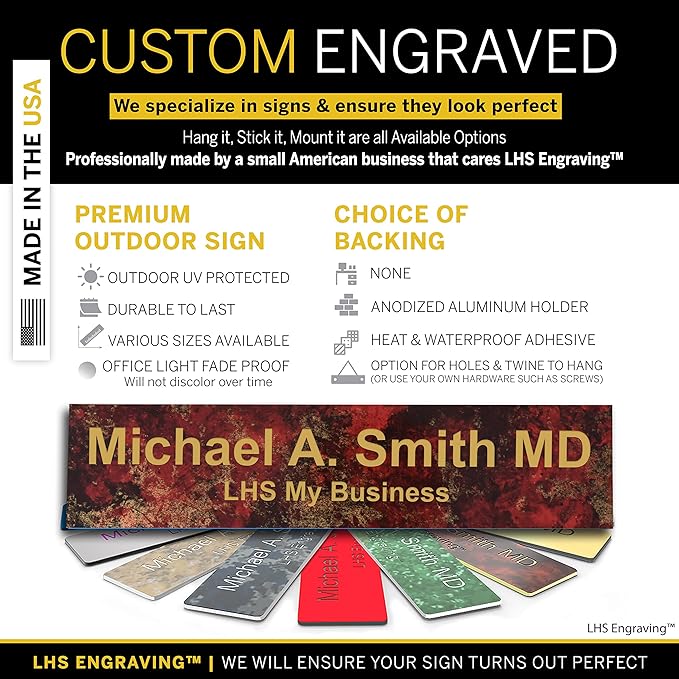 Custom Name Plate with Choice of Mounting for Walls, Doors, Desk Holders, Cubicles, Hanging and More - Personalized Rustico Granite Plastic Gold Letters - USA Made 2x8 - S7