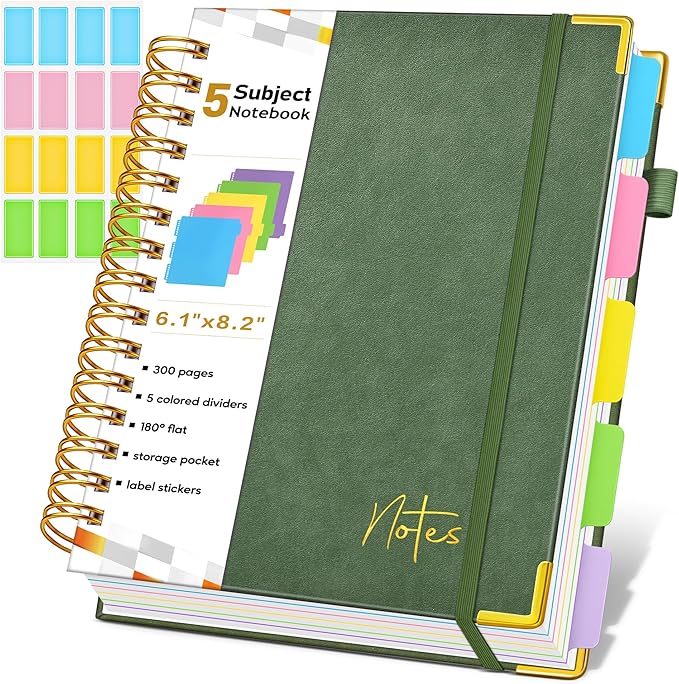 Spiral Notebook Journal with Removable Dividers Tabs, 300 Pages Hardcover Leather 5 Subject College Ruled Notebook, 6.1"x8.2" A5 Lined Journal for Women Men, Spiral Notebook for Work School,Green