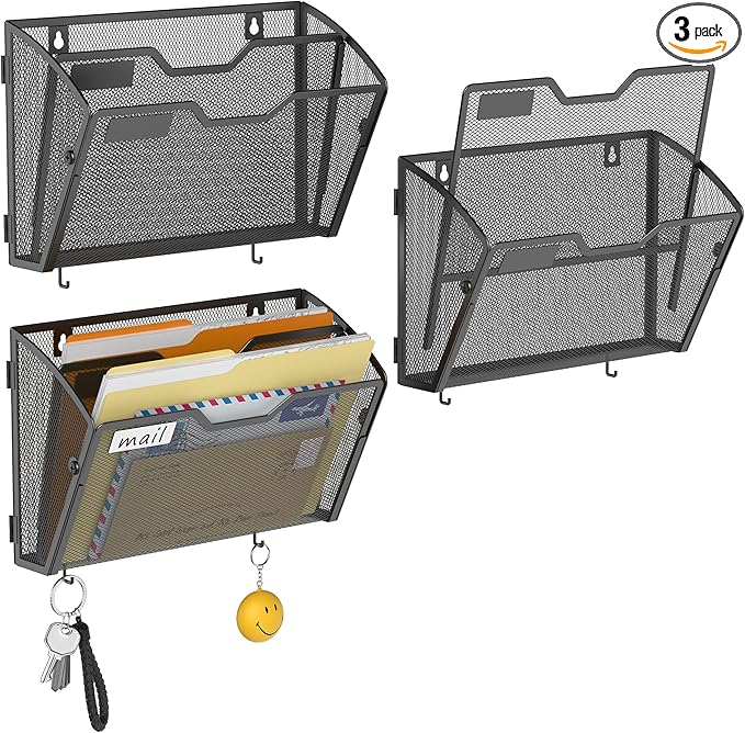 Docnest 2 Tier Mesh Wall File Holders with Hooks – 3 Pack Hanging Letter Holder - Document Organizer for Mail, Paper, Office, Home, School – Space-Saving Wall Mounted Folder Holder – Black