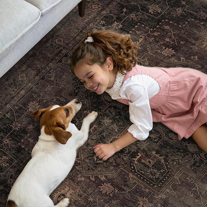 GENIMO 2x5 Runner Rugs for Hallway, Machine Washable Non Slip Vintage Rugs, Low Pile Lightweight Soft Print Rug for enrtyway, Corridor, Home, Office, Kitchen, Charcoal Brown
