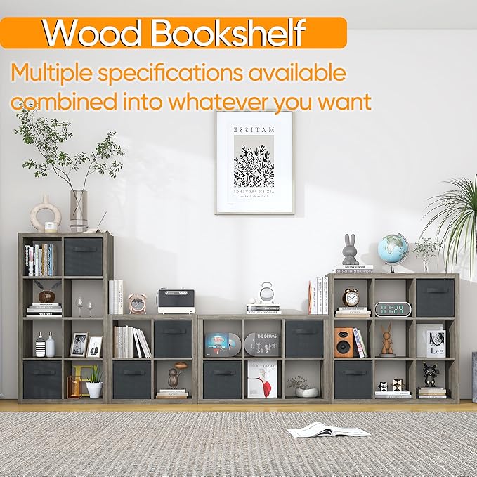 furtble Bookshelf with Storage Bins, 16-Cube Storage Organizer with Back Panels, Modern Wood Open Bookcase, Multifunctional Display Shelf for Living Room, Bedroom, Home Office, Gray Oak