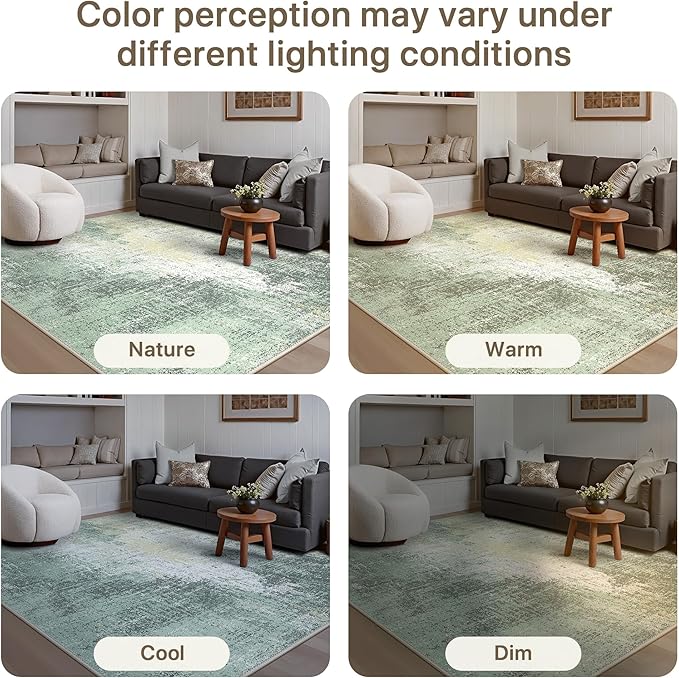 GENIMO Washable Area Rugs for Living Room, 8x10 Modern Non Slip Rugs, Low Pile Lightweight Soft Print Rug for Bedroom, Dining Room, Home Office, Washed Cream Green