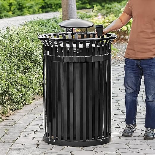 Zedfire 45 Gallon Black Waste Bin with Rain Bonnet Lid, Outdoor Heavy-Duty Commercial Trash Can Steel Slatted, Round Recycle Container, Durable Garbage Can for Parks, Municipalities, Parking, Schools