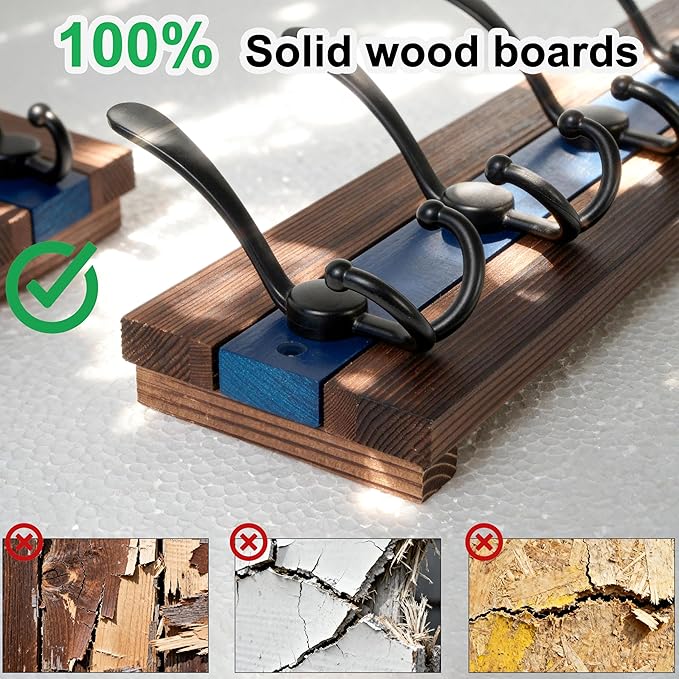 SKOLOO Rustic Wall Mounted Coat Rack - 16-7/8" Long Coat Hooks for Wall with 5 Triple Hooks for Hanging Coats, Hats or Tools, Western National Parks Collection, Wood Brown & Blue