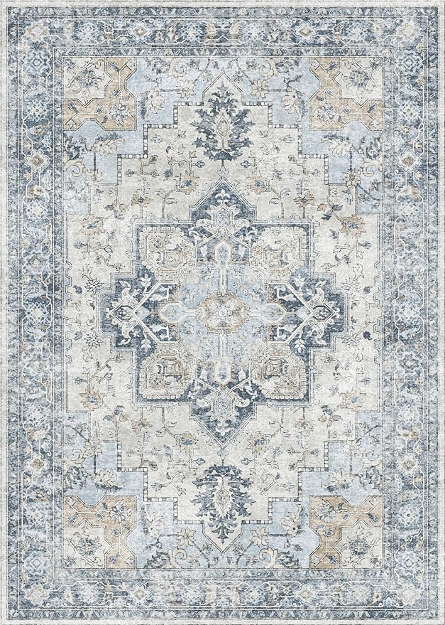 GENIMO 6x9 Area Rugs for Living Room, Non Slip Machine Washable Rugs, Low Pile Chenille Print Rug for Bedroom, Dining Room, Home Office, Blue