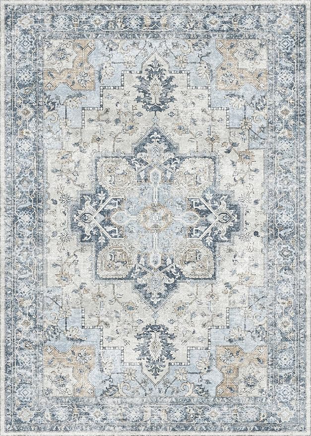 GENIMO 4x6 Area Rugs for Living Room, Machine Washable Rug, Non Slip Vintage Rugs, Low Pile Lightweight Chenille Print Rug for Bedroom, Dining Room, Home Office, Blue