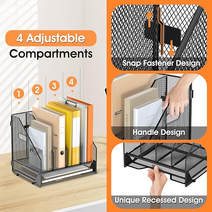 OrgMate Desk File Folder Holder Organizer-4 Vertical Compartments Racks and Paper Letter Tray,Mesh Magazine File Holder Sorter,Desktop Accessories & Workspace Organizers for Home,Office,School-Black