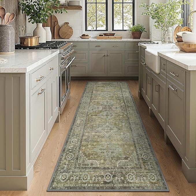 GENIMO Runner Rug 2x10 Non Slip Machine Washable Vintage Hallway Runner Rugs, Low Pile Lightweight Mat for Living Room, Entryway, Bedroom, Kitchen and Corridor, Distressed Sage