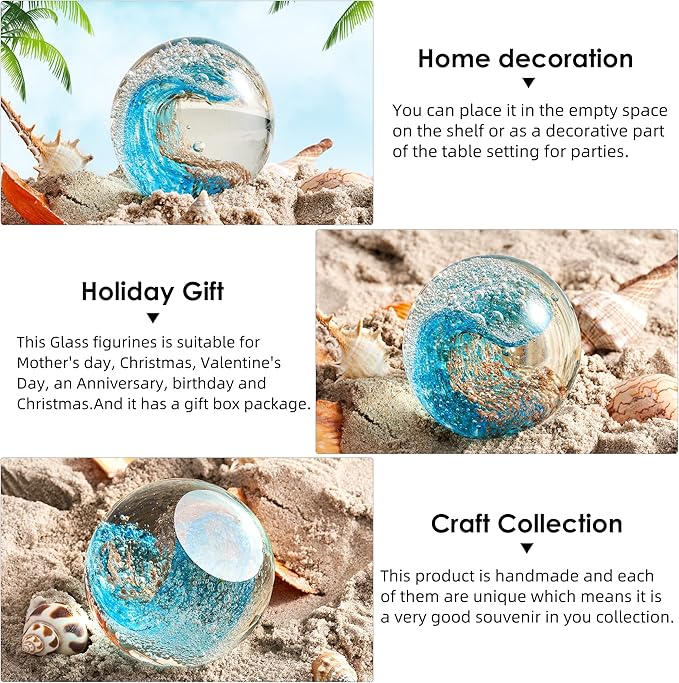 EUSTUMA Hand Blown Glass Figurines Ball Ocean Waves,Office Paperweight Glass for Desk,Home Decor Collectible,Aquarium Decor,Office Decor Ocean Lovers (Blue)