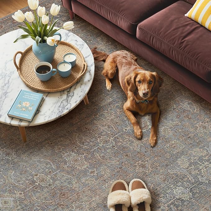 GENIMO 9x12 Area Rugs for Living Room, Machine Washable Non Slip Vintage Rugs, Low Pile Lightweight Chenille Print Rug for Bedroom, Dining Room, Home Office, Grayish Blue