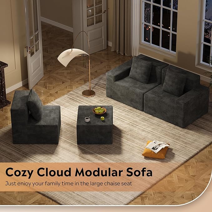 WLIVE 110'' Boneless Couch for Living Room, Modular Sectional Sofa, Cloud Memory Foam Couch L Shape with Chaise, Grey