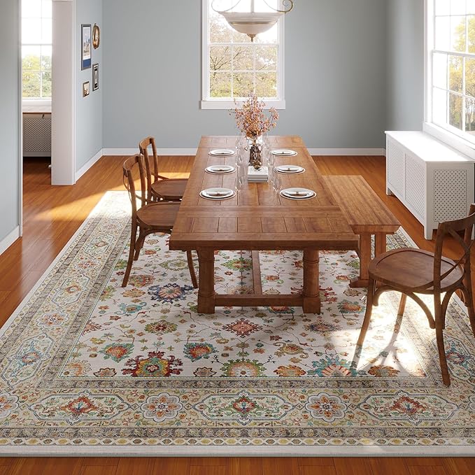 Rugcomf Area Rugs 8x10 for Living Room Clearance, Machine Washable Boho Rug, Non Slip Vintage Low Pile Large Carpet for Bedroom, Farmhouse, Dining Room, Kids Playroom (Colorful)