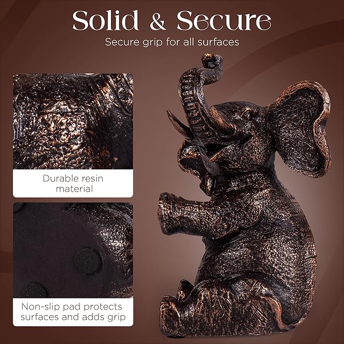 DURAGOODS Decorative Vintage Elephant Bookends with Non-Slip Padding for Shelves to Hold Books - Heavy Duty Resin Book Holders for Bookshelf Decor, Home, Office, Living Room – 4” L x 4” W x 7”H