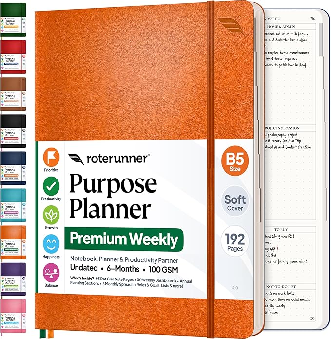 Roterunner Purpose Planner Notebook B5 5.8”x8.3” Undated 2026 Daily Weekly and Monthly Productivity Goal Setting Tool for Work Home ADHD Planner for Adults Self Care Journal (Orange Softcover)