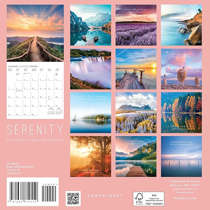 Graphique 2024 Serenity Mini Wall Calendar | 7” x 7” | Thick Paper | Home & Office Organizer | Large Monthly Grid | 3 Languages & Marked Holidays | 4 Month Preview Page for 2025