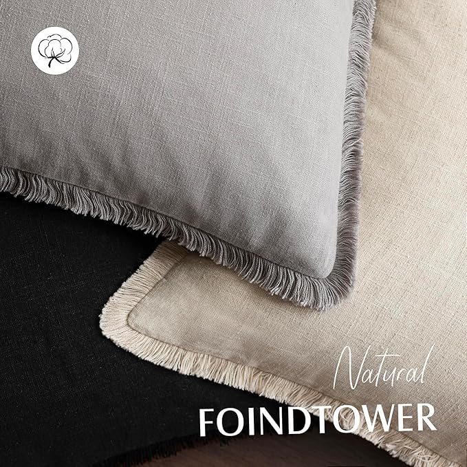 Foindtower Set of 2 Decorative Linen Fringe Throw Pillow Covers Cozy Farmhouse Cushion Cover with Tassels Accent Pillowcase for Couch Chair Sofa Bed Living Room Home Decor,24×24 Inch,Light Rustic Gray