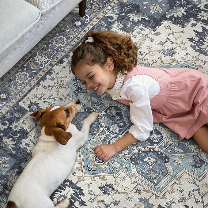 GENIMO 2'6"x8 Runner Rugs for Hallway, Machine Washable Non Slip Vintage Rugs, Low Pile Lightweight Soft Print Rug for enrtyway, Corridor, Home Office, Kitchen, Center Blue