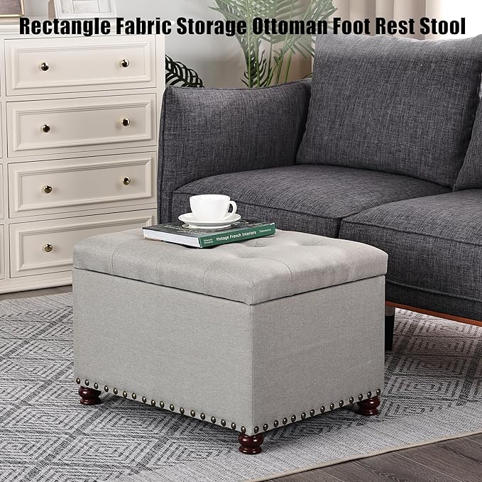 Decent Home Storage Ottoman, 24" Linen Fabric Rectangle Bench Foot Rest Stool, Fabric Footrest Ottomans with Storage, Storages Seats for Living Room, Bedroom, Office