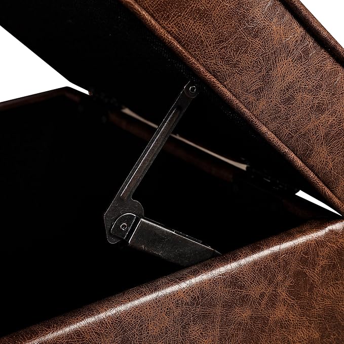 Adeco 17" Storage Ottoman Foot Rest Stool, Dark Brown Leather Ottoman with Black Solid Wood Legs and Hinged Lid, Small Foot Stool for Living Room, Bedroom