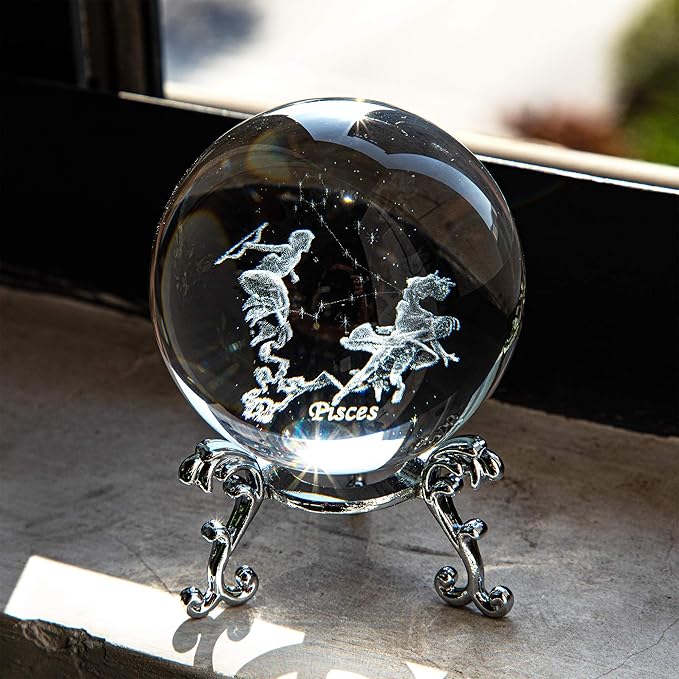 3D Inner Carving Constellation Ball Crystal Paperweight Full Sphere Glass Fengshui with Sliver-Plated Flowering Stand(Pisces)