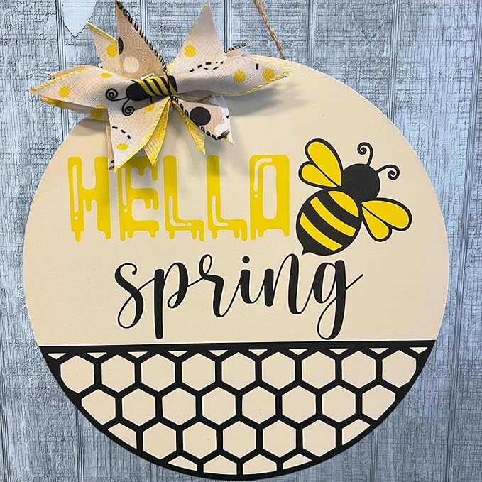 Wood front door sign Wood sign Home decor Welcome sign Sign for front door House warming gift Wedding gift (Spring Bee-UV010(NC) P002, 22" Width)