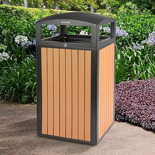 Alpine 40 Gallon Commercial Outdoor Trash Can with Lid - Modern Heavy Duty Large Outdoor Garbage Can with Durable Plastic Bin, Slatted Recycled Plastic Panels for Parks, Trails & Resorts (CD)