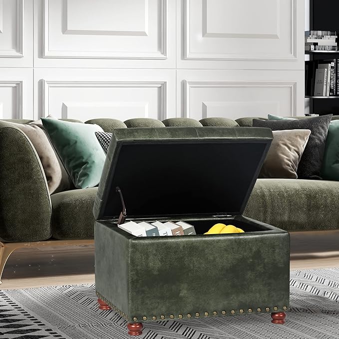 Decent Home 24'' Leather Ottoman with Storage Rectangle Foot Rest Ottomans Stool for Living Room(Green,Leather Texture)
