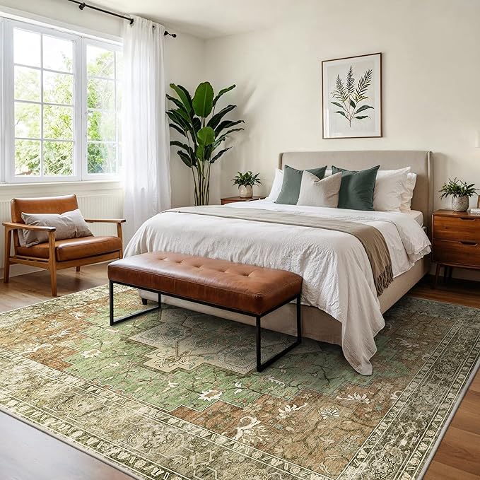 GENIMO 5x7 Area Rugs for Living Room, Machine Washable Rug, Non Slip Indoor Vintage Rug, Low Pile Lightweight Chenille Print Carpet for Bedroom Dining Room Home Office, Muted Green Brown