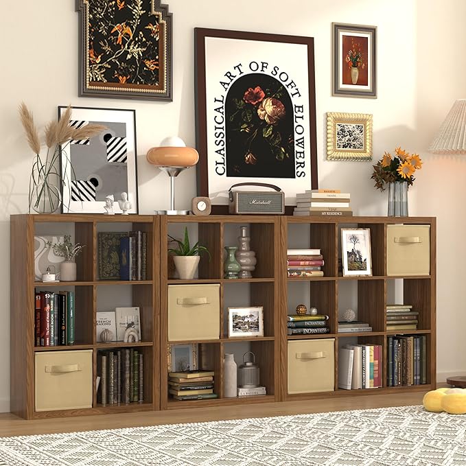 furtble Bookshelf with Storage Bins, 8-Cube Storage Organizer, Modern Wood Open Bookcase, Multifunctional Display Shelf for Living Room, Bedroom, Home Office, Classic Oak